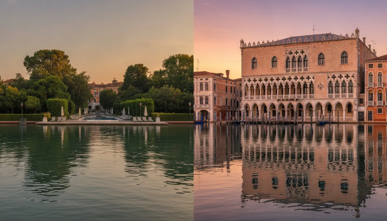Venedik lagünü altın saatte, Giudecca bahçesi ve Riva degli Schiavoni cephesi karşılaştırmalı manzara
