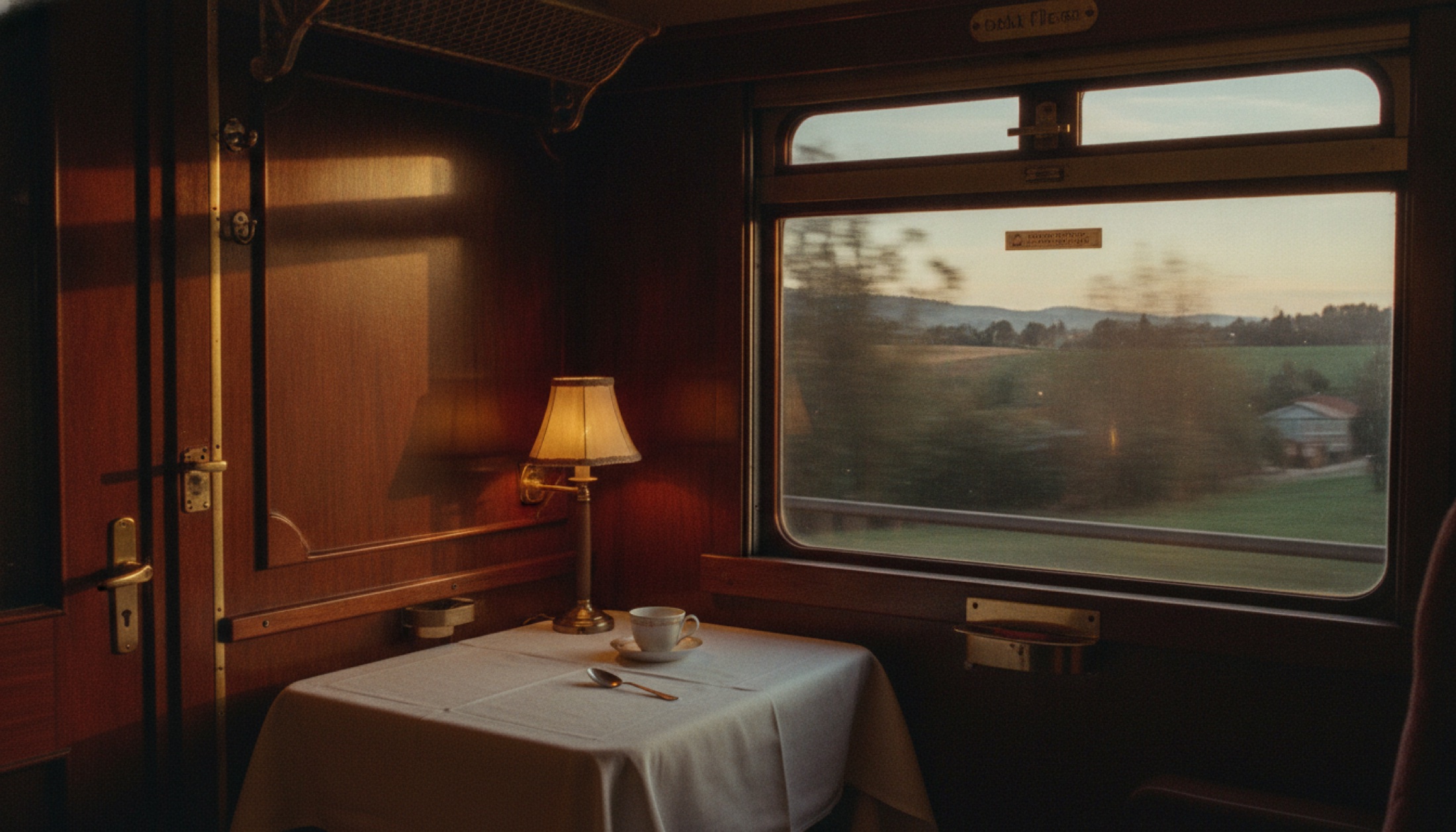 Venice Simplon-Orient-Express kabin iç mekanı, ahşap kaplama, beyaz masa örtüsü
