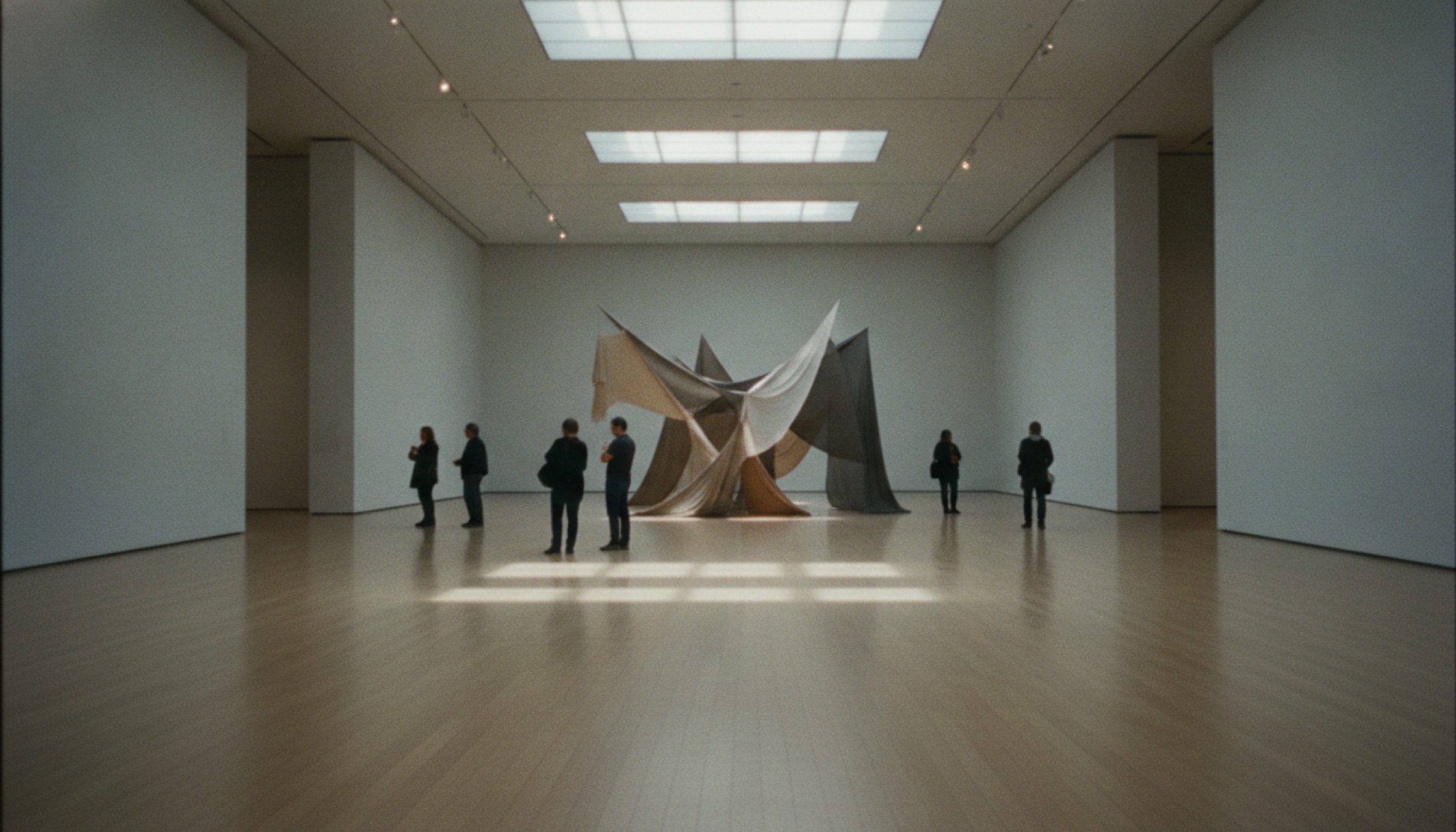 Whitney Museum'da 82. Biennial kurulumlarından biri: geniş galeri salonunda izleyiciler büyük ölçekli çağdaş sanat yapıtları arasında