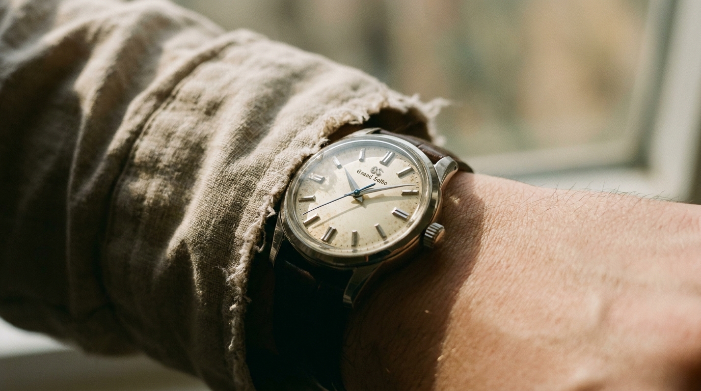Grand Seiko SBGW231’in krem rengi kadranı ve mavi saniye ibresi, keten bir gömleğin kolu üzerinde, yaz ışığında detaylarını gösteriyor.