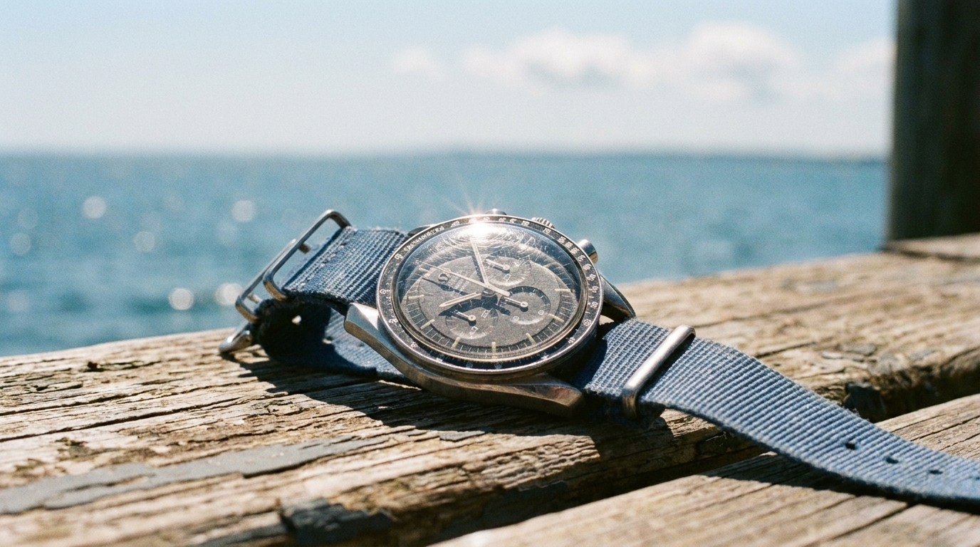 Omega Speedmaster Professional, güneşte ağarmış mavi bir Nato kayışa takılı, ahşap bir iskelede, arka planda bulanık deniz ve gökyüzü.