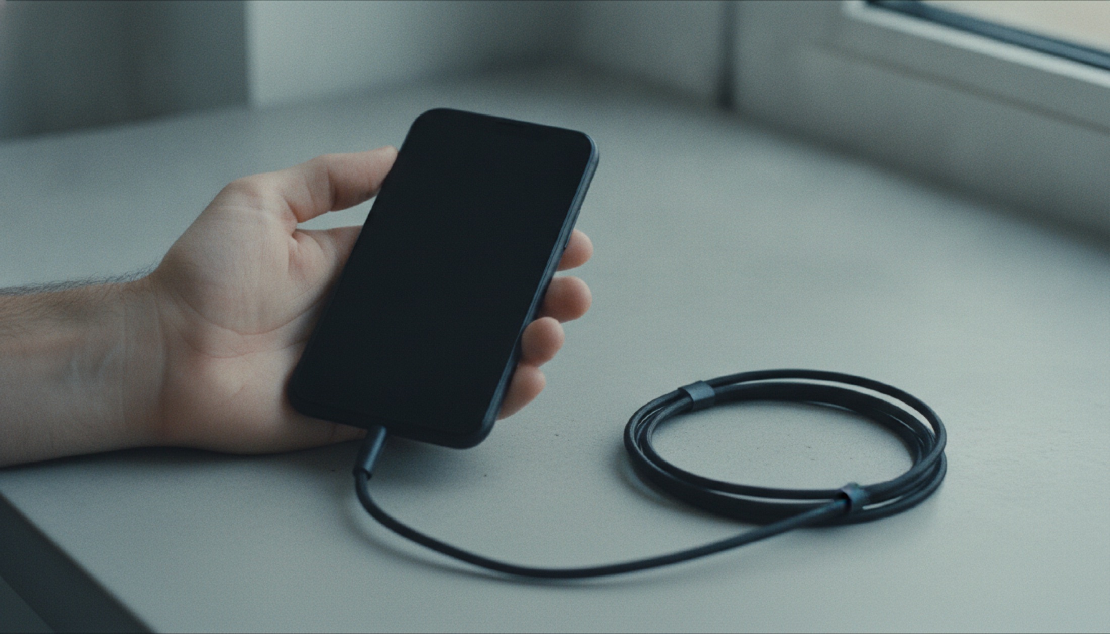 Beton yüzey üzerinde mat siyah akıllı telefon ve USB-C kablosu