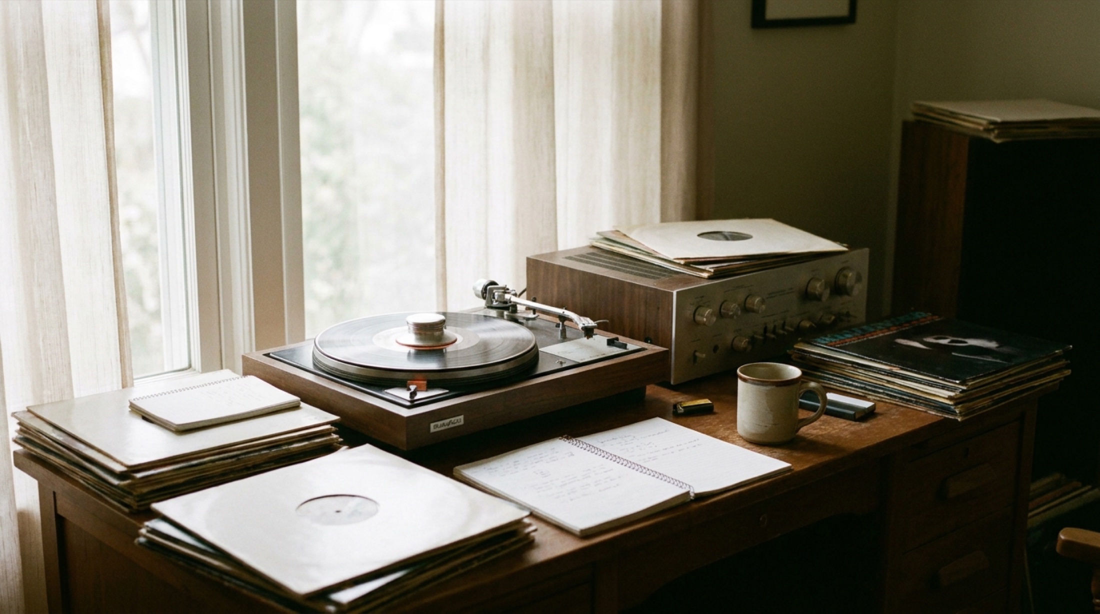 Ahşap kabinli stüdyo monitörler ve vintage amplifikatör, yumuşak oda ışığı