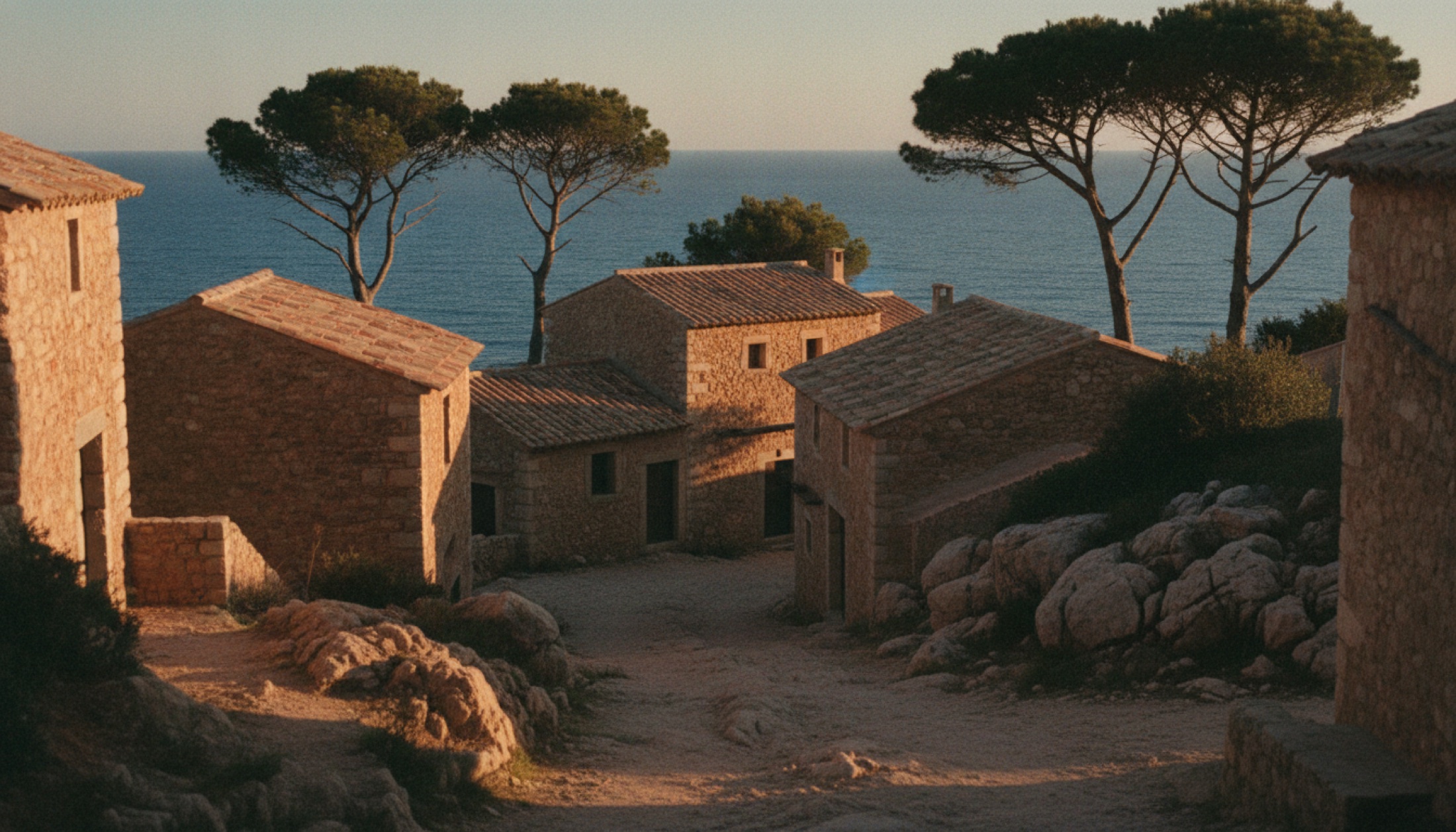 Île de Bendor'da taş yapılar ve çam ağaçları arasında alçak çatılı Provence köyü silueti, deniz arka planda