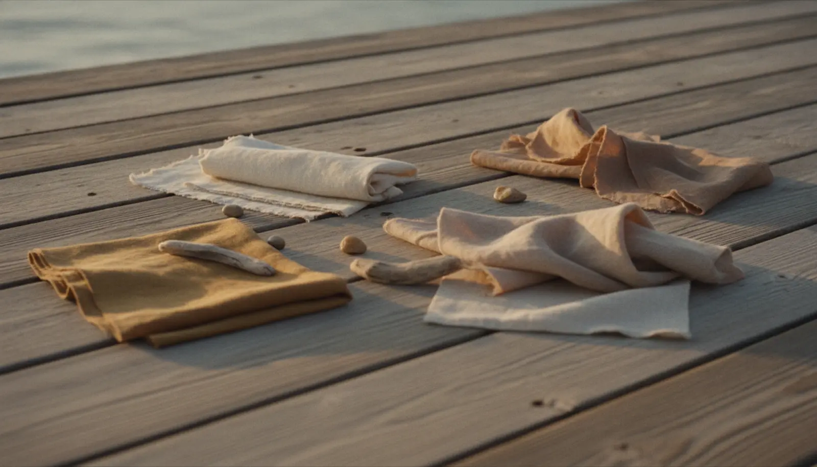Malibu Pier üzerinde serili keten ve ham ipek kumaş örnekleri, öğleden sonra güneş ışığında